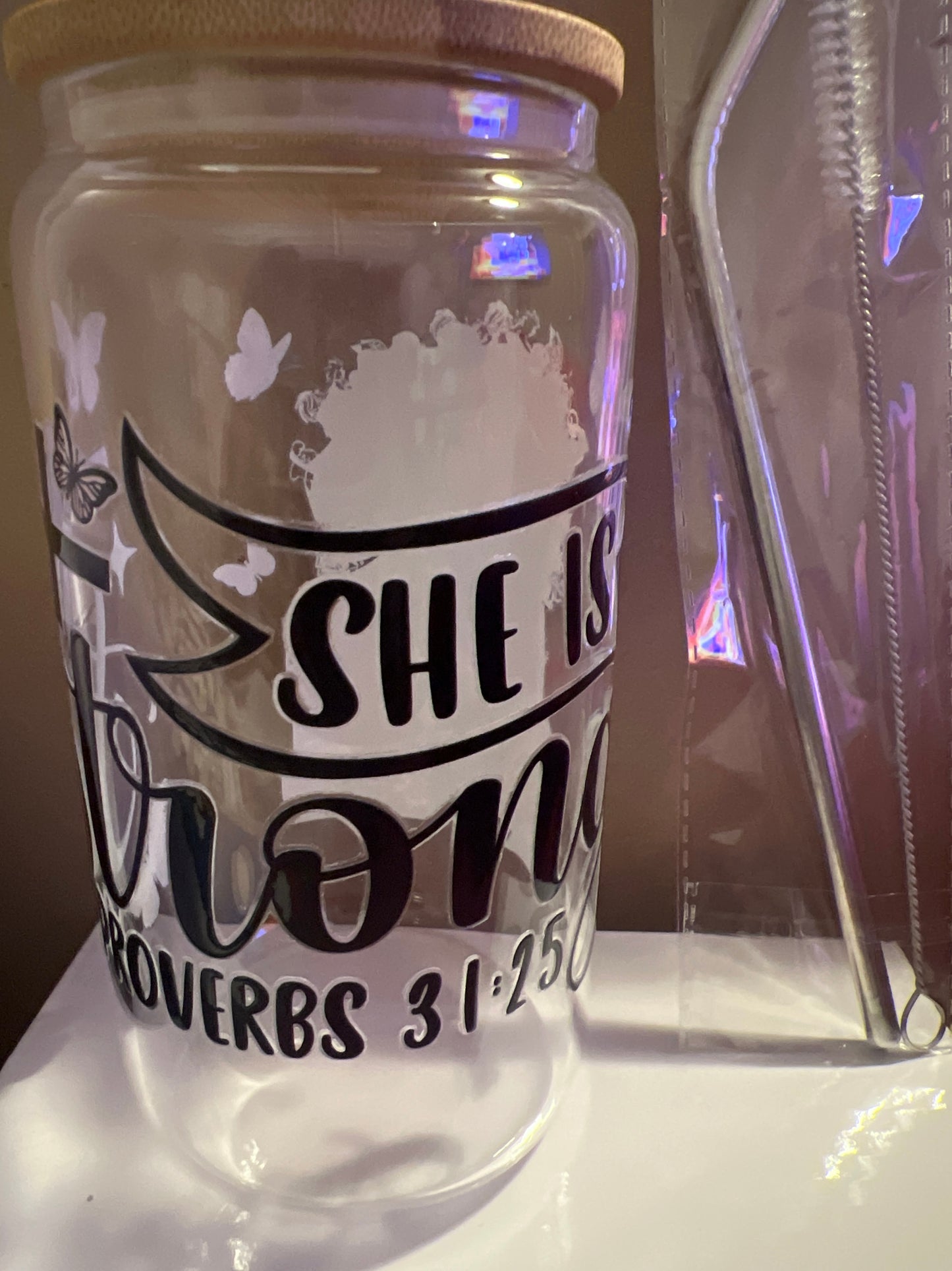 Glass Cup 16 oz. Inspirational Quotes - She Is Strong, Proverbs 31:25