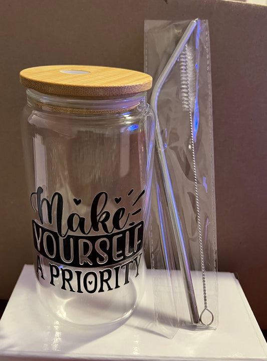 Glass Cup with Bamboo lid and straw - 16 oz. - Make Yourself A Priority