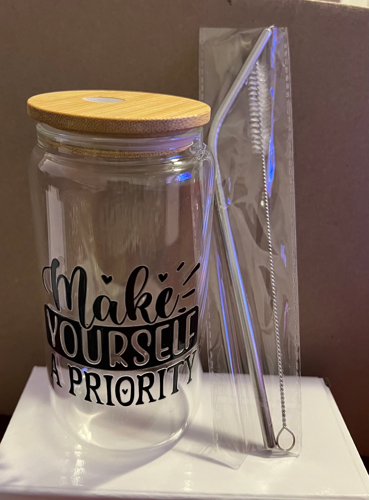 Glass Cup with Bamboo lid and straw - 16 oz. - Make Yourself A Priority